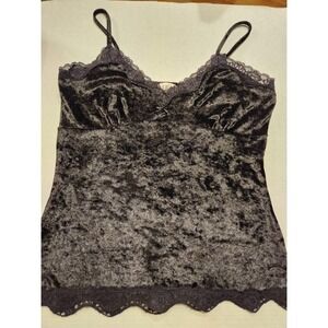 Y2k Crushed Velvet Lace Tank Top Cami Sz L Fairycore Babydoll Gypsy Witchy Black